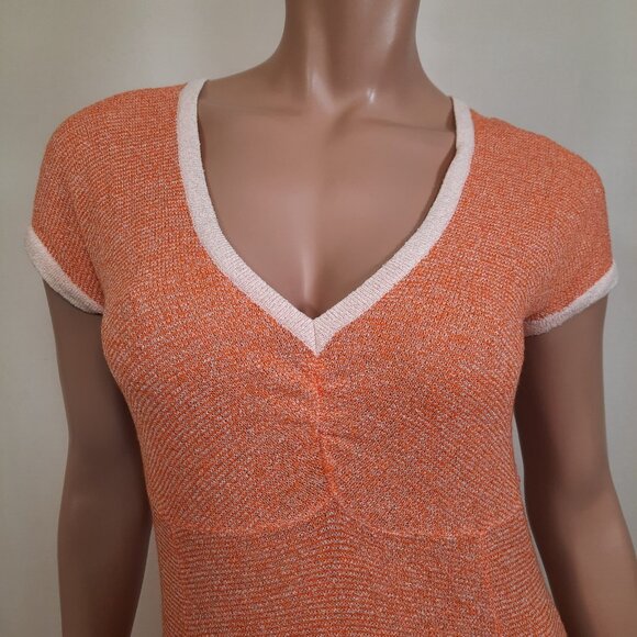 Vintage 70s Long Sweater Dress Cardigan 2 Piece Set Orange White Striped Size M - Picture 2 of 10